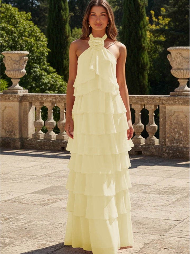 Chiffon 3D Flowers Halter Tiered Ruffles Formal Dresses