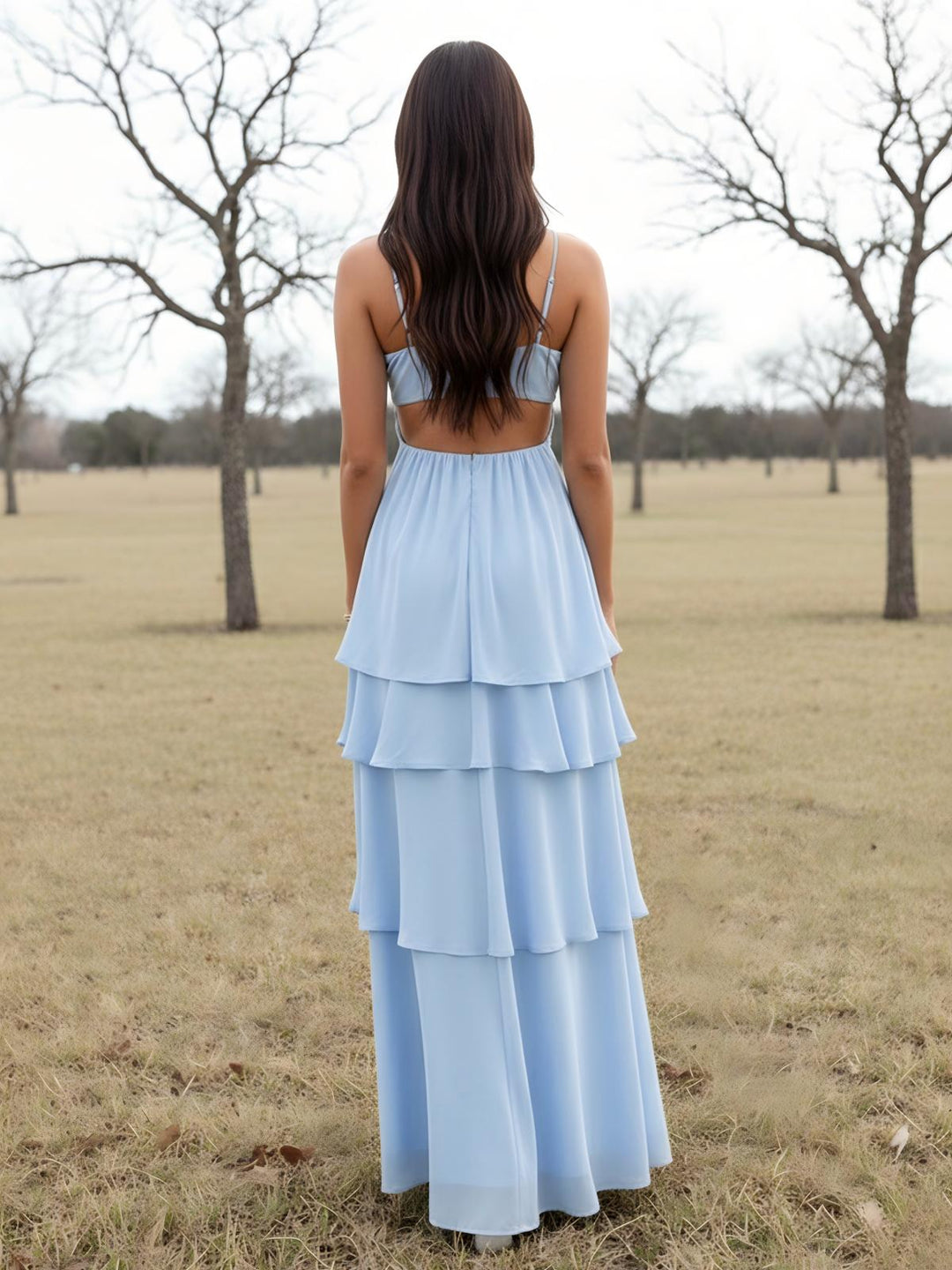 Chiffon V Neck Cut Out Spaghetti Straps Tiered Wedding Guest Dresses