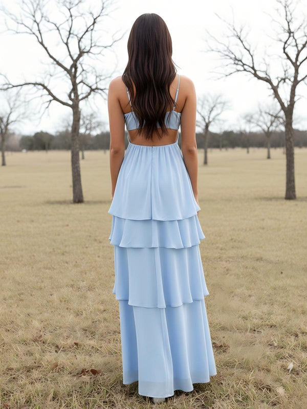 Chiffon V Neck Cut Out Spaghetti Straps Tiered Wedding Guest Dresses