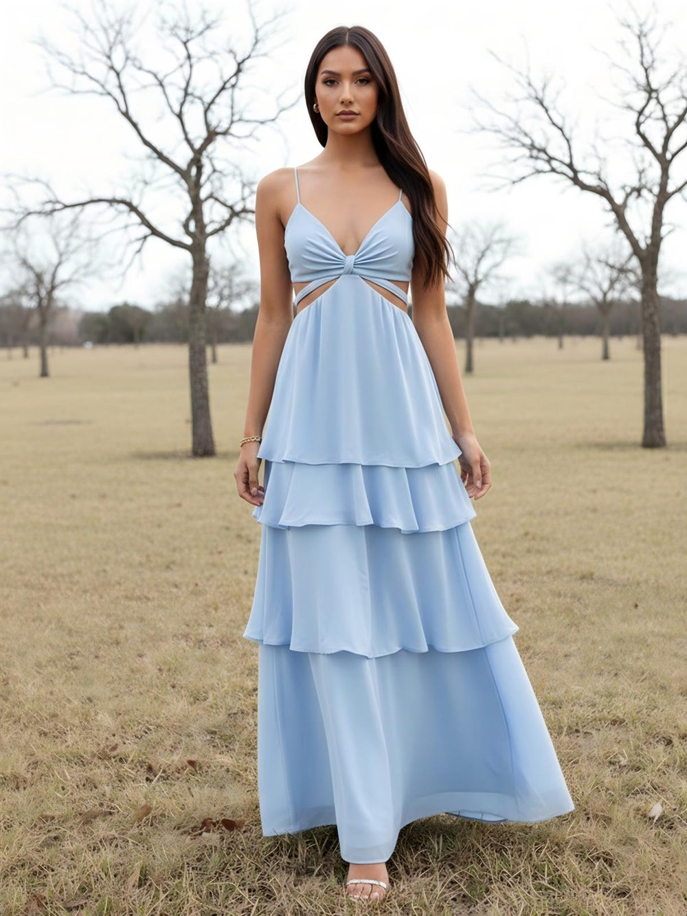 Chiffon V Neck Cut Out Spaghetti Straps Tiered Wedding Guest Dresses