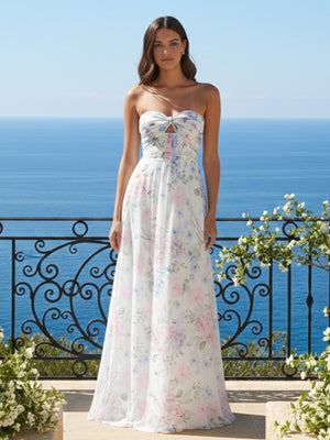 Strapless Cut Out Floral Print A Line Wedding Guest Dresses