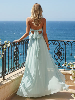 Chiffon Halter 3D Flowers Cut Out Ruffles Vacation Dresses