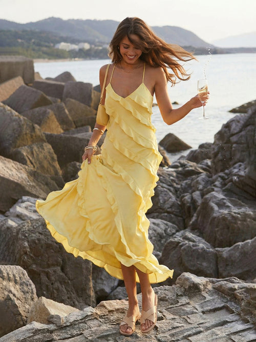 Chiffon V Neck Spaghetti Straps Ruffles Wedding Guest Dresses