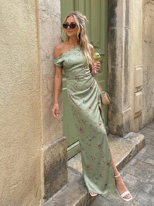 One Shoulder Floral Wedding Guest Dresses with Slit