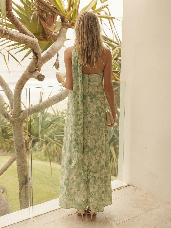 Strapless Floral A Line Formal Dresses with Scarf