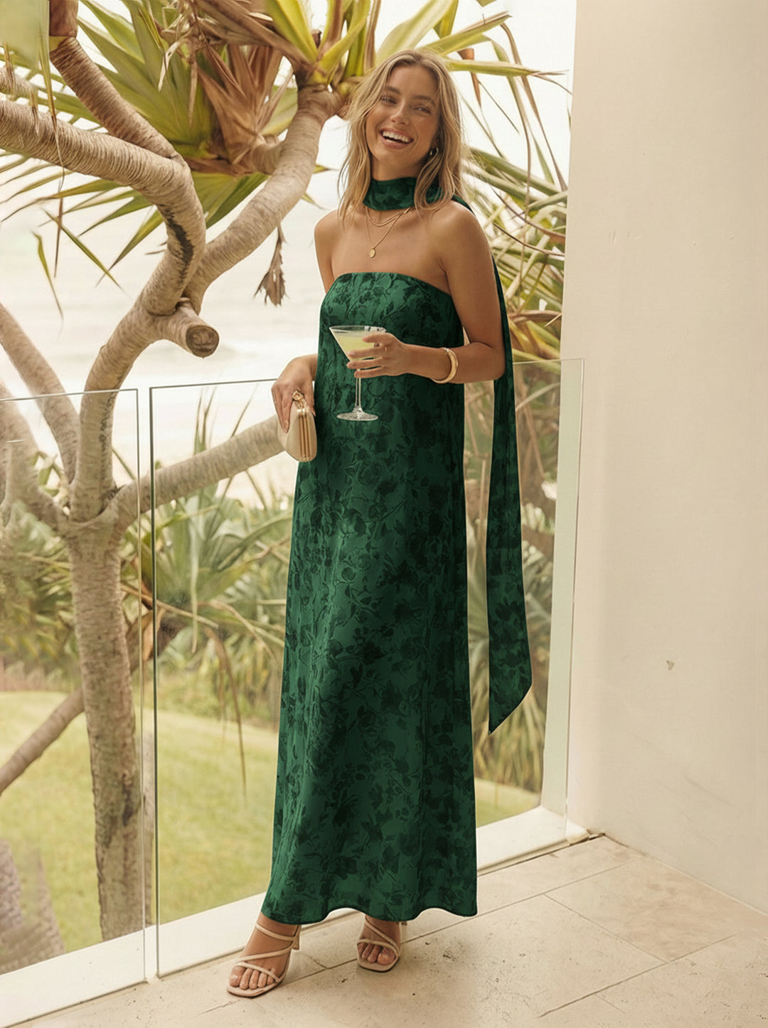 Strapless Floral A Line Formal Dresses with Scarf