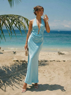 Halter Satin Pleats V Neck Wedding Guest Dresses