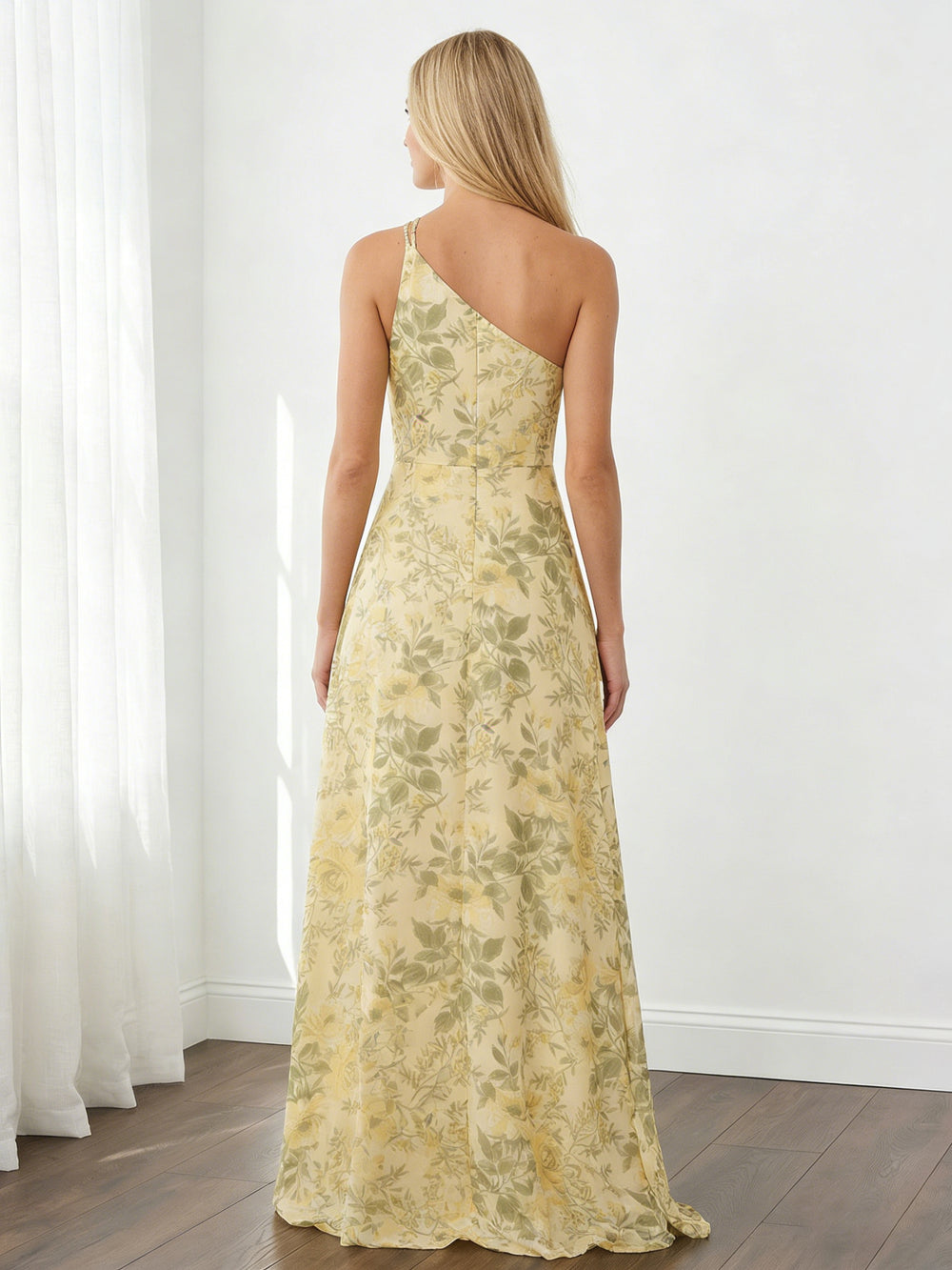 Spring Floral Chiffon One Shoulder Long Wedding Guest Dresses