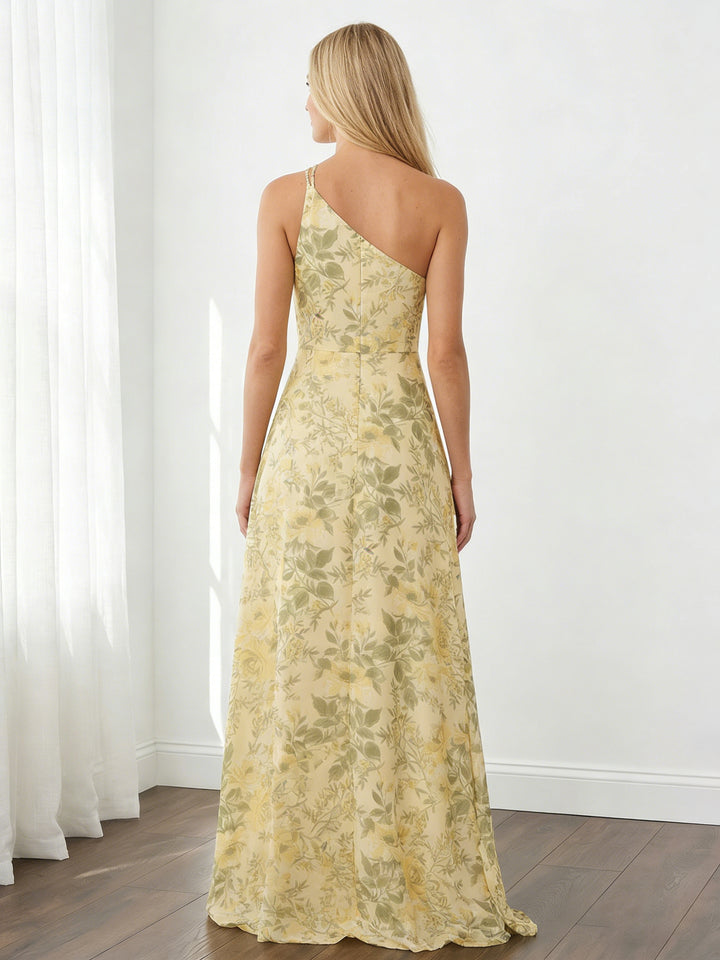 Spring Floral Chiffon One Shoulder Long Wedding Guest Dresses
