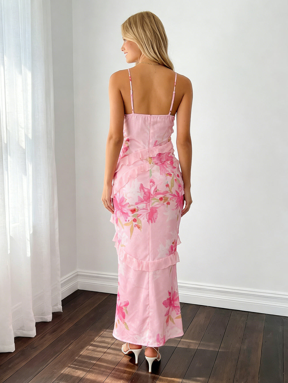 Spring Floral Chiffon V Neck Long Bridesmaid Dresses with Ruffles