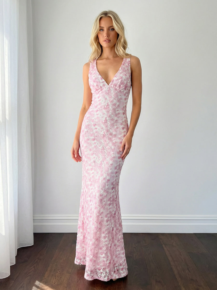 Lace Jacquard V Neck Maxi Wedding Guest Dresses