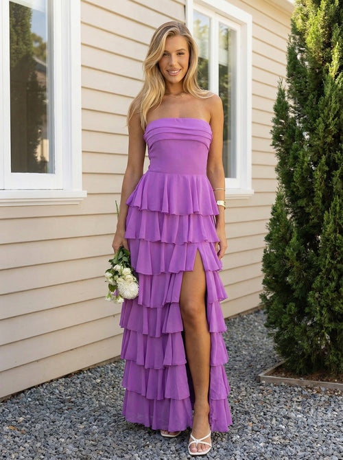 Chiffon Strapless Tiered Long Bridesmaid Dresses with Slit