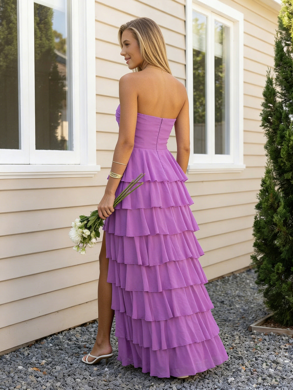 Chiffon Strapless Tiered Long Bridesmaid Dresses with Slit