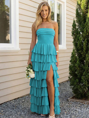 Chiffon Strapless Tiered Long Bridesmaid Dresses with Slit