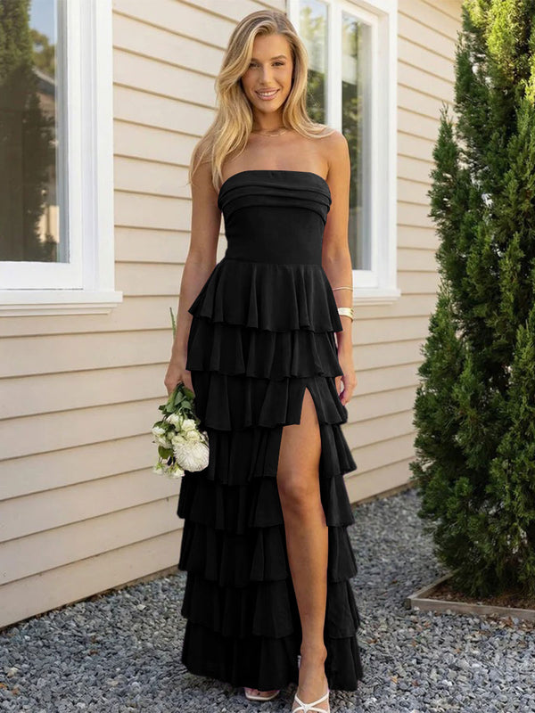 Chiffon Strapless Tiered Long Bridesmaid Dresses with Slit