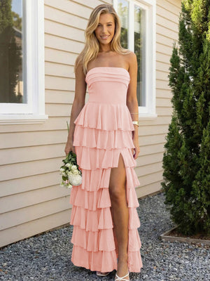 Chiffon Strapless Tiered Long Bridesmaid Dresses with Slit