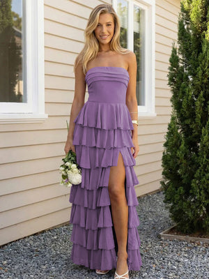 Chiffon Strapless Tiered Long Bridesmaid Dresses with Slit