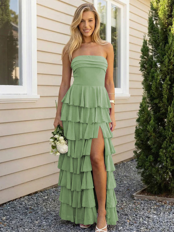 Chiffon Strapless Tiered Long Bridesmaid Dresses with Slit