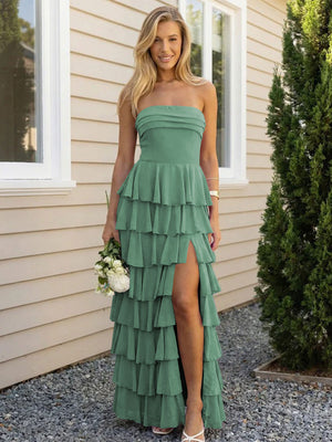 Chiffon Strapless Tiered Long Bridesmaid Dresses with Slit