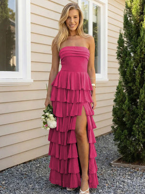 Chiffon Strapless Tiered Long Bridesmaid Dresses with Slit