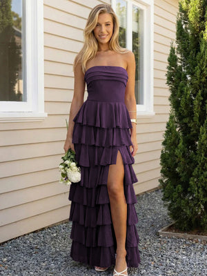 Chiffon Strapless Tiered Long Bridesmaid Dresses with Slit