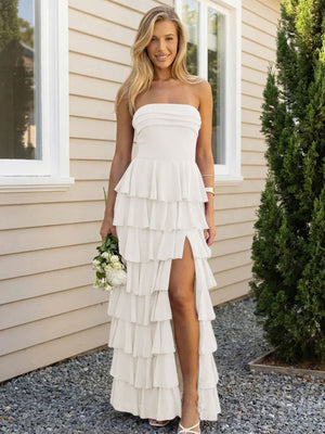 Chiffon Strapless Tiered Long Bridesmaid Dresses with Slit