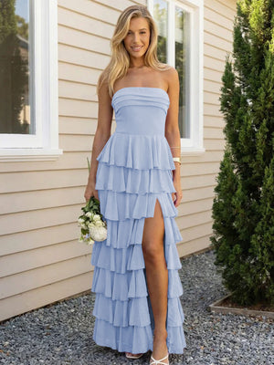 Chiffon Strapless Tiered Long Bridesmaid Dresses with Slit
