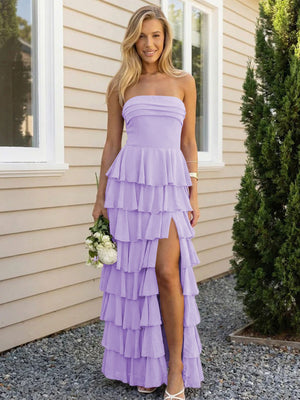 Chiffon Strapless Tiered Long Bridesmaid Dresses with Slit