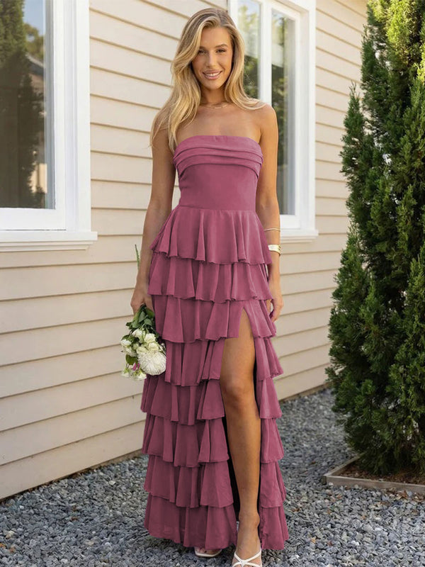 Chiffon Strapless Tiered Long Bridesmaid Dresses with Slit