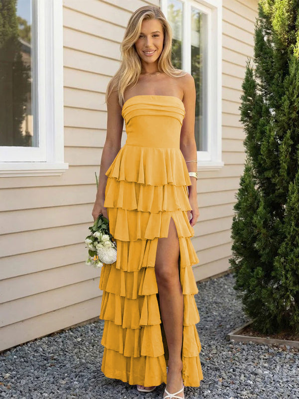 Chiffon Strapless Tiered Long Bridesmaid Dresses with Slit
