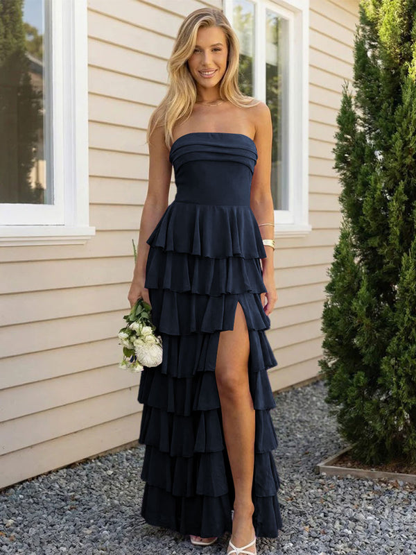 Chiffon Strapless Tiered Long Bridesmaid Dresses with Slit