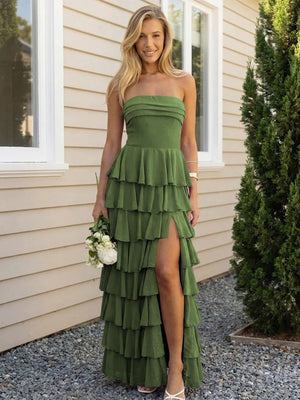 Chiffon Strapless Tiered Long Bridesmaid Dresses with Slit