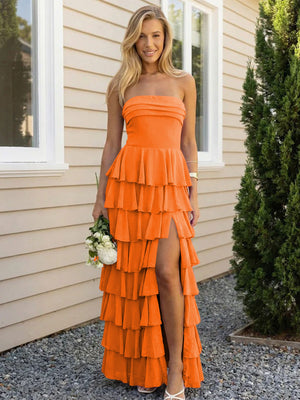 Chiffon Strapless Tiered Long Bridesmaid Dresses with Slit