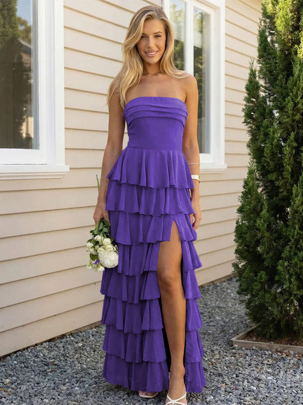 Chiffon Strapless Tiered Long Bridesmaid Dresses with Slit