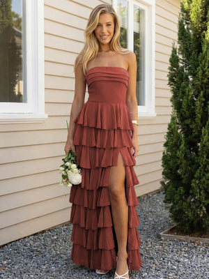 Chiffon Strapless Tiered Long Bridesmaid Dresses with Slit