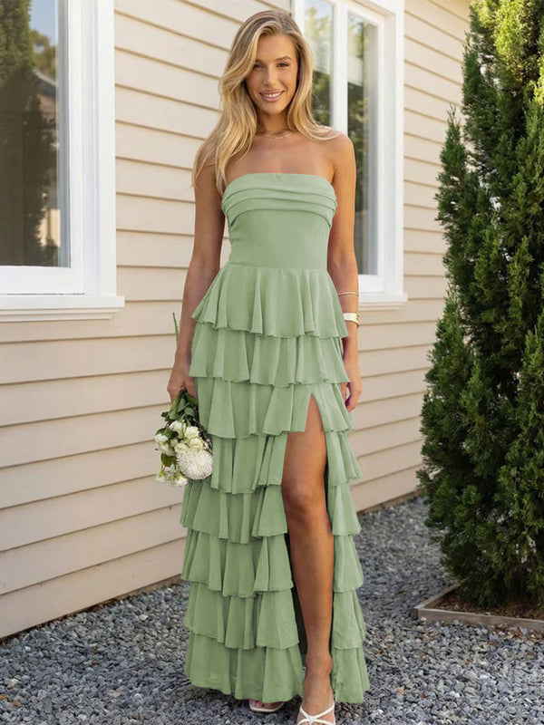 Chiffon Strapless Tiered Long Bridesmaid Dresses with Slit