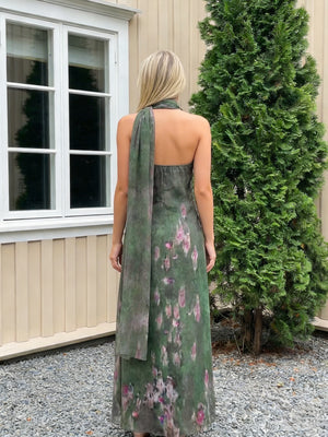 Chiffon Floral Halter Long Wedding Guest Dresses with Scarf