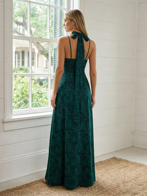 Satin Floral V Neck High Slit Bridesmaid Dresses with Scarf