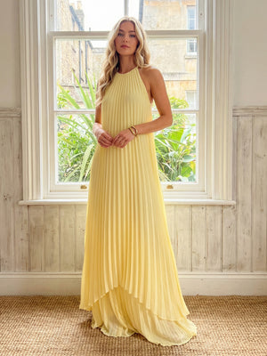 Chiffon Halter Pleated A Line Long Wedding Guest Dresses