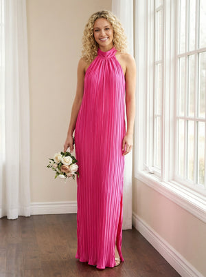Chiffon Halter Pleated Column Long Wedding Guest Dresses