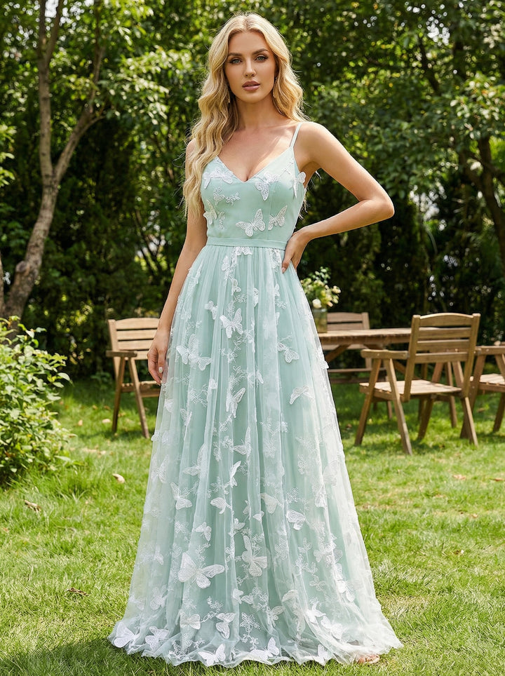 Tulle V Neck Pleated Long Formal Dresses with 3D Butterfly Appliques