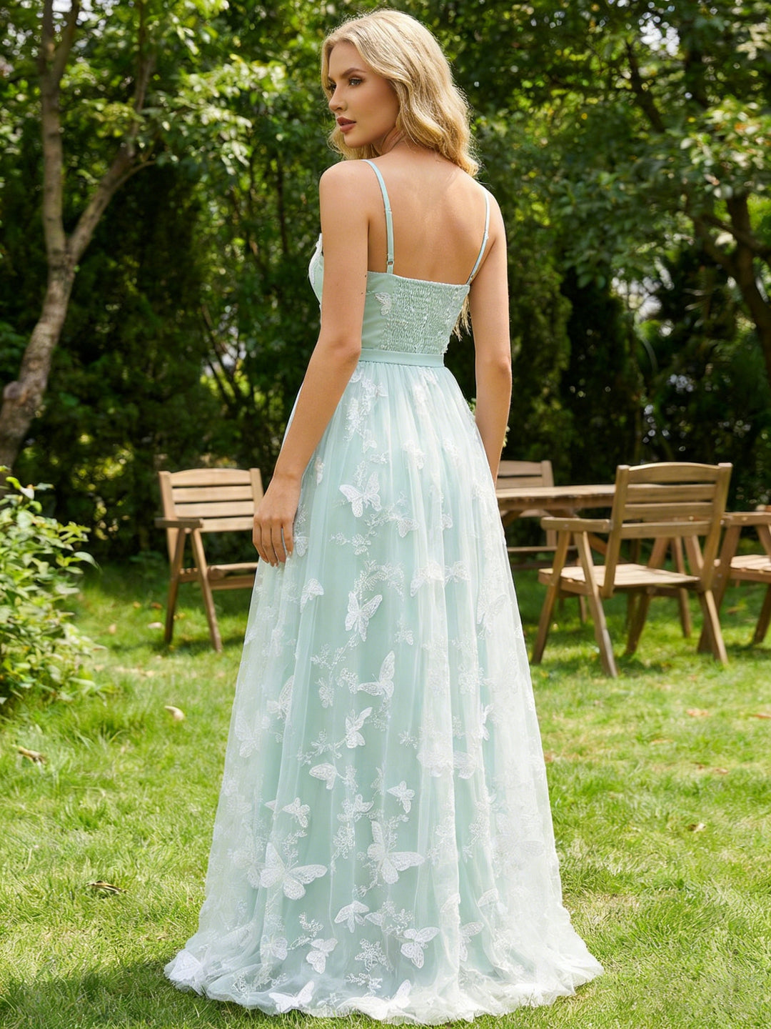 Tulle V Neck Pleated Long Formal Dresses with 3D Butterfly Appliques