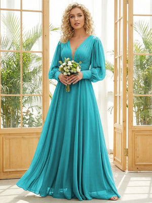 Chiffon V Neck Long Sleeves Pleated Bridesmaid Dresses