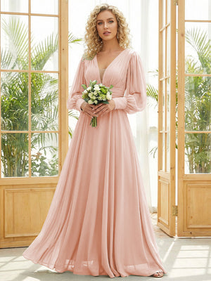 Chiffon V Neck Long Sleeves Pleated Bridesmaid Dresses