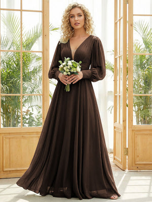 Chiffon V Neck Long Sleeves Pleated Bridesmaid Dresses