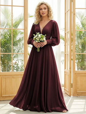Chiffon V Neck Long Sleeves Pleated Bridesmaid Dresses