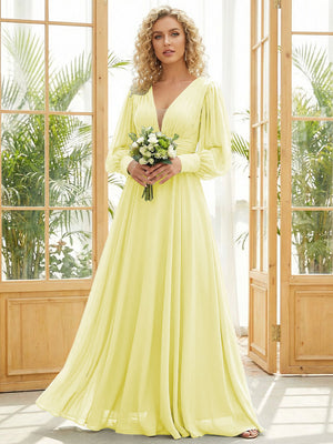 Chiffon V Neck Long Sleeves Pleated Bridesmaid Dresses