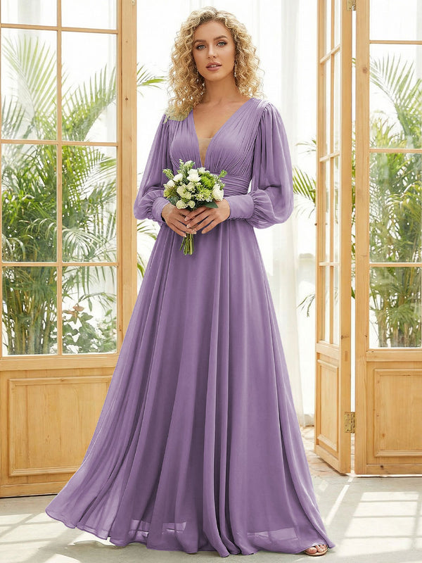 Chiffon V Neck Long Sleeves Pleated Bridesmaid Dresses