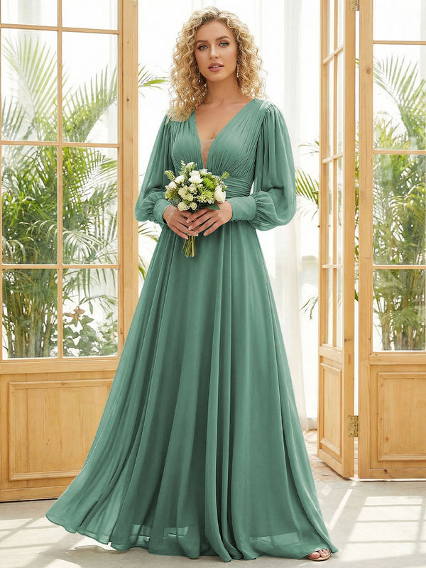 Chiffon V Neck Long Sleeves Pleated Bridesmaid Dresses