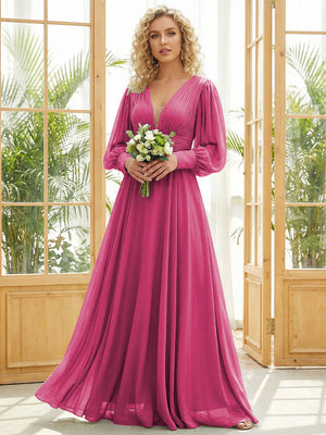 Chiffon V Neck Long Sleeves Pleated Bridesmaid Dresses